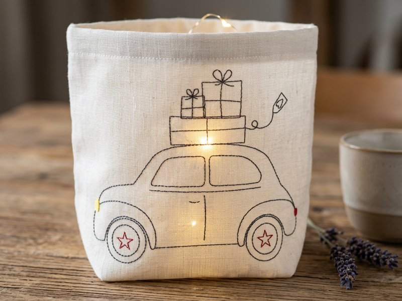 Preview: Retro Auto Weihnachts Set - redwork Stickdatei